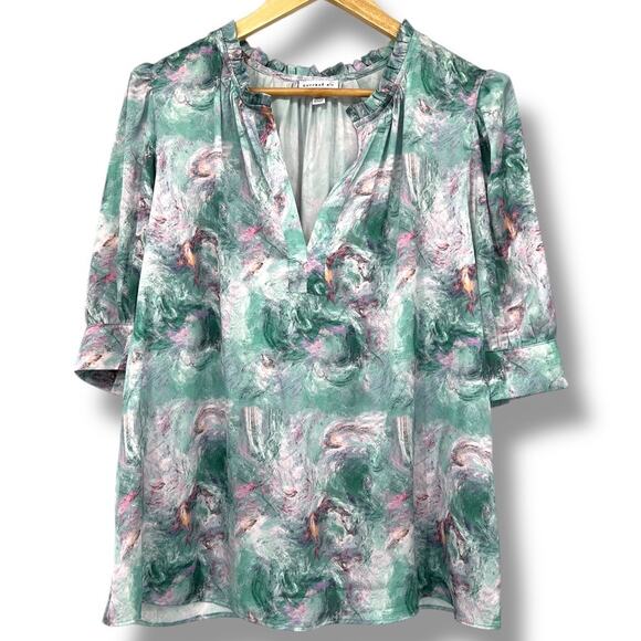 Current Air Watercolor Cuffed Puffed Short Sleeve V Neck Blouse Pink Green XL - Picture 1 of 6